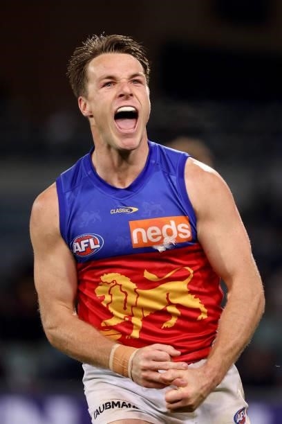 Lincoln McCarthy of the Lions celebrates a goal during the 2021 AFL First Qualifying Final match between the Melbourne Demons and the Brisbane Lions...