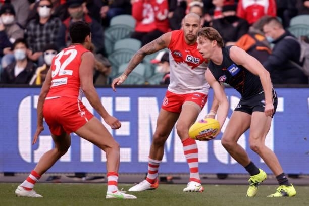 Lachie Whitfield of the Giants handpasses the ball during the 2021 AFL Second Elimination Final match between the Sydney Swans and the GWS Giants at...
