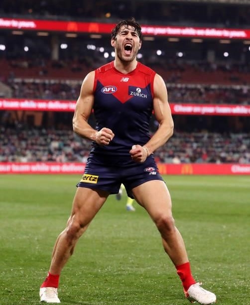 Christian Petracca of the Demons celebrates a goal during the 2021 AFL First Qualifying Final match between the Melbourne Demons and the Brisbane...