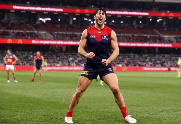 Christian Petracca of the Demons celebrates a goal during the 2021 AFL First Qualifying Final match between the Melbourne Demons and the Brisbane...