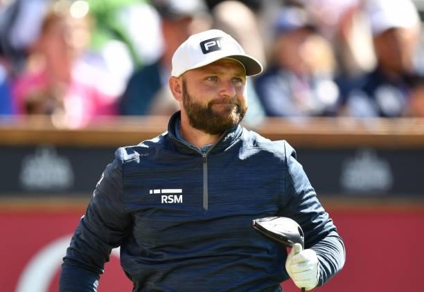 Andy Sullivan of England at the 1st tee during Day Three of The Omega European Masters at Crans-sur-Sierre Golf Club on August 28, 2021 in...
