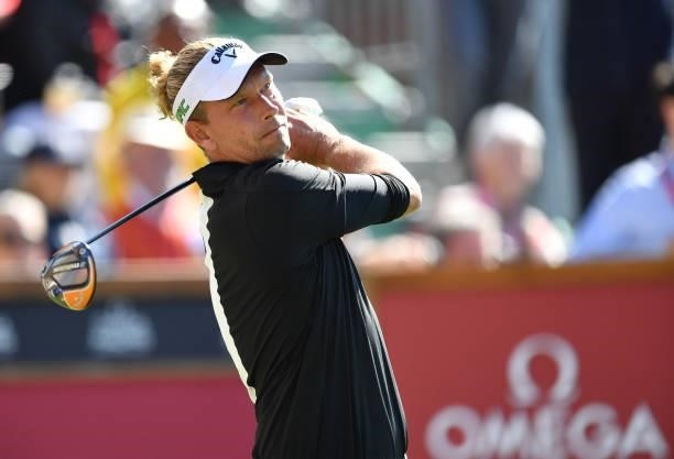 Marcel Siem of Germany plays his tee shot to the 1st hole during Day Three of The Omega European Masters at Crans-sur-Sierre Golf Club on August 28,...
