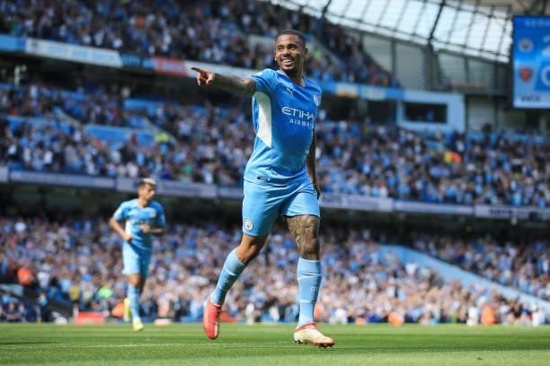 Gabriel Jesus of Manchester City celebrates after scoring their 3rd goal during the Premier League match between Manchester City and Arsenal at...