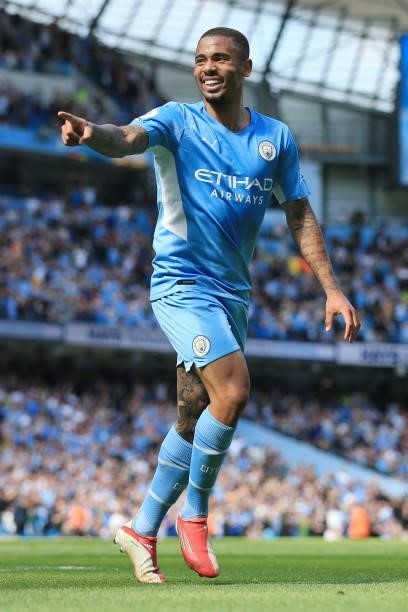 Gabriel Jesus of Manchester City celebrates after scoring their 3rd goal during the Premier League match between Manchester City and Arsenal at...