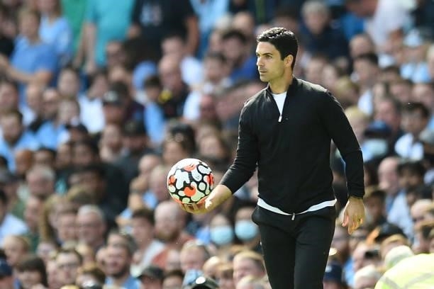 Arsenal's Spanish manager Mikel Arteta on the sidelines during the English Premier League football match between Manchester City and Arsenal at the...