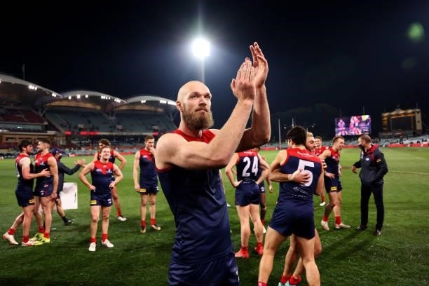 Max Gawn of the Demons celebrates their win during the 2021 AFL First Qualifying Final match between the Melbourne Demons and the Brisbane Lions at...