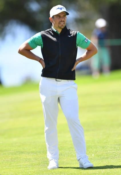 Adrien Saddier of France looks on at the 18th hole during Day Three of The Omega European Masters at Crans-sur-Sierre Golf Club on August 28, 2021 in...
