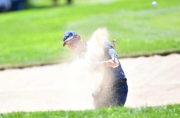 Jeff Winter of Denmark plays a bunker shot to the 18th hole during Day Three of The Omega European Masters at Crans-sur-Sierre Golf Club on August...