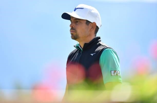 Adrien Saddier of France at the 18th hole during Day Three of The Omega European Masters at Crans-sur-Sierre Golf Club on August 28, 2021 in...