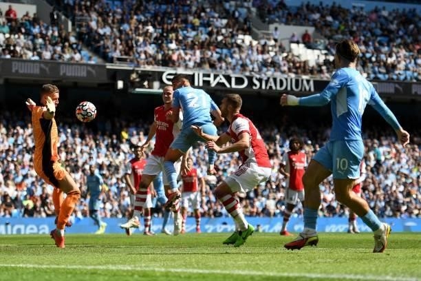 Manchester City's Spanish midfielder Ferran Torres scores his team's fifth goal during the English Premier League football match between Manchester...