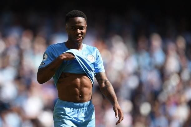 Manchester City's English midfielder Raheem Sterling reacts during the English Premier League football match between Manchester City and Arsenal at...