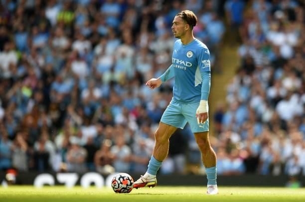 Manchester City's English midfielder Jack Grealish looks on during the English Premier League football match between Manchester City and Arsenal at...