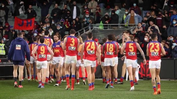 Brisbane Lions leave the Oval after the loss during the 2021 AFL First Qualifying Final match between the Melbourne Demons and the Brisbane Lions at...
