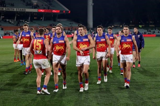 The Lions after their loss during the 2021 AFL First Qualifying Final match between the Melbourne Demons and the Brisbane Lions at Adelaide Oval on...