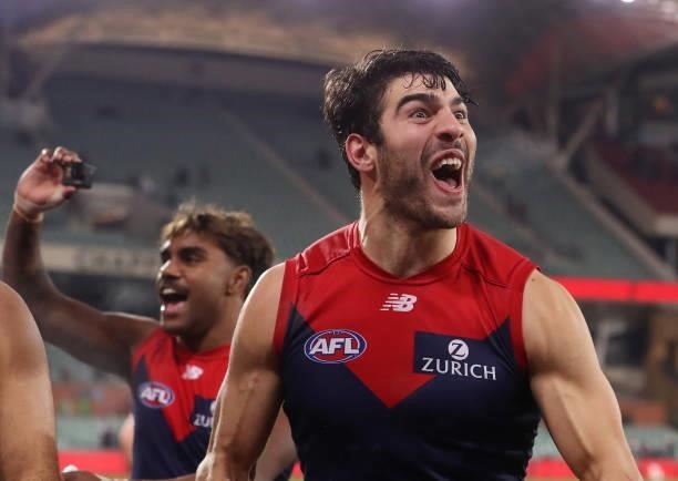 Christian Petracca after the win during the 2021 AFL First Qualifying Final match between the Melbourne Demons and the Brisbane Lions at Adelaide...
