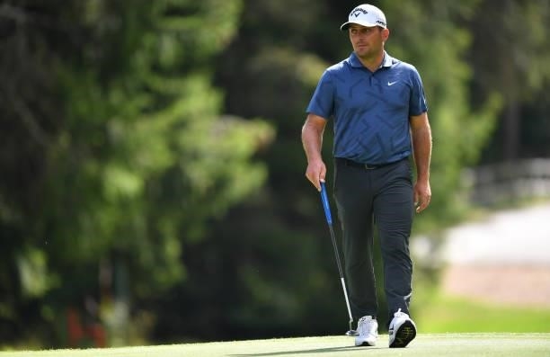 Francesco Molinari of Italy putting at the 16th green during Day Three of The Omega European Masters at Crans-sur-Sierre Golf Club on August 28, 2021...