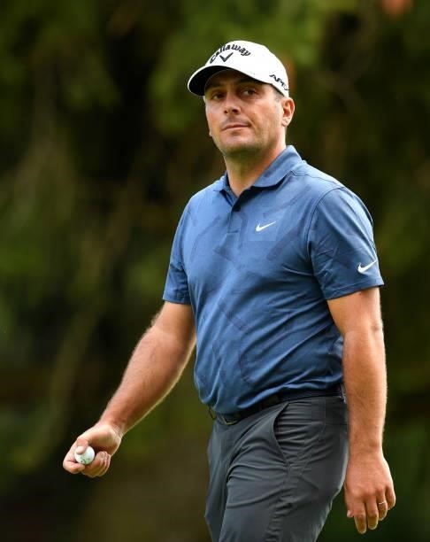 Francesco Molinari of Italy looks on at the 16th hole during Day Three of The Omega European Masters at Crans-sur-Sierre Golf Club on August 28, 2021...