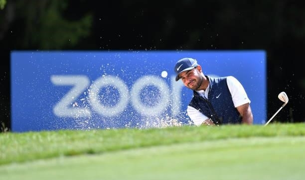 Shubhankar Sharma of India plays a bunker shot at the 16th hole during Day Three of The Omega European Masters at Crans-sur-Sierre Golf Club on...