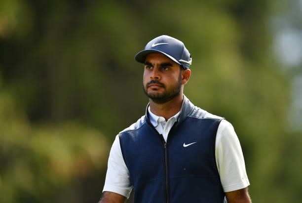 Shubhankar Sharma of India at the 16th hole during Day Three of The Omega European Masters at Crans-sur-Sierre Golf Club on August 28, 2021 in...