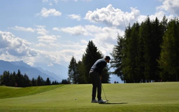 Sean Crocker of United States putting at the 16th hole during Day Three of The Omega European Masters at Crans-sur-Sierre Golf Club on August 28,...