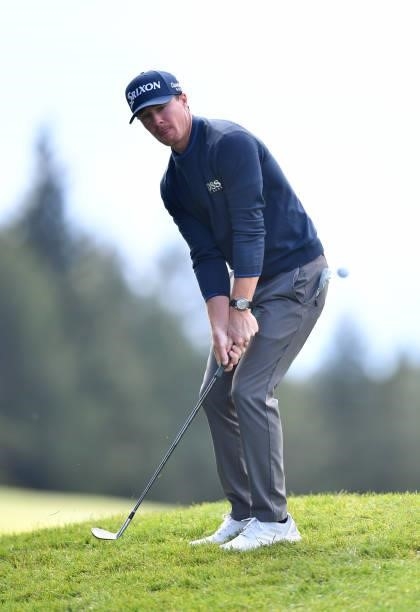 Sean Crocker of United States plays his second shot at the 15th hole during Day Three of The Omega European Masters at Crans-sur-Sierre Golf Club on...