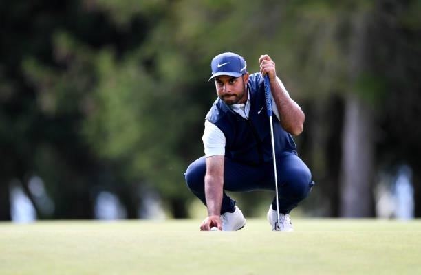 Shubhankar Sharma of India putting at the 15th hole during Day Three of The Omega European Masters at Crans-sur-Sierre Golf Club on August 28, 2021...