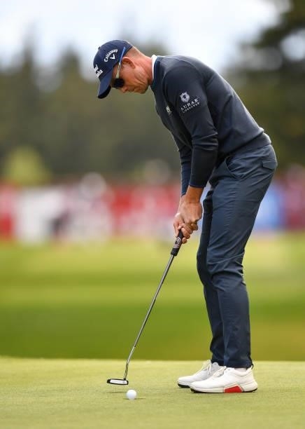 Henrik Stenson of Sweden putting at the 15th hole during Day Three of The Omega European Masters at Crans-sur-Sierre Golf Club on August 28, 2021 in...