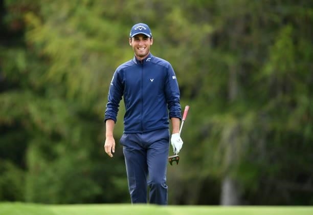 Renato Paratore of Italy smiles at the 15th hole during Day Three of The Omega European Masters at Crans-sur-Sierre Golf Club on August 28, 2021 in...