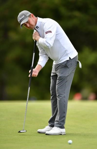 Justin Harding of Republic of South Africa putting at the 16th hole during Day Three of The Omega European Masters at Crans-sur-Sierre Golf Club on...