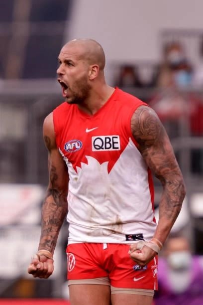 Lance Franklin of the Swans celebrates a goal during the 2021 AFL Second Elimination Final match between the Sydney Swans and the GWS Giants at...