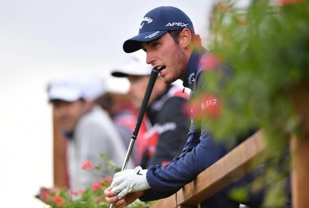 Renato Paratore of Italy looks on at the 18th hole during Day Three of The Omega European Masters at Crans-sur-Sierre Golf Club on August 28, 2021 in...