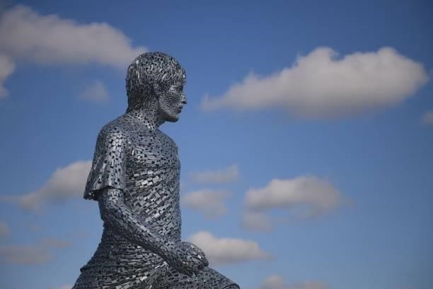 The newly-unveiled statue of former Manchester City footballer David Silva is pictured outside the stadium ahead of the English Premier League...