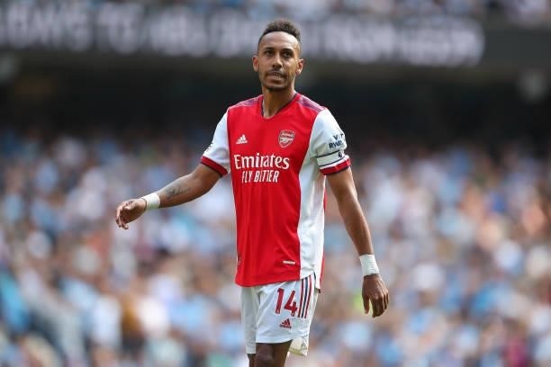 Pierre-Emerick Aubameyang of Arsenal during the Premier League match between Manchester City and Arsenal at Etihad Stadium on August 28, 2021 in...