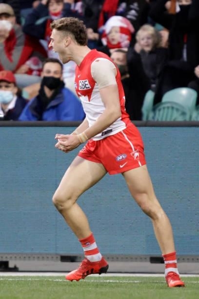 Will Hayward of the Swans celebrates a goal during the 2021 AFL Second Elimination Final match between the Sydney Swans and the GWS Giants at...