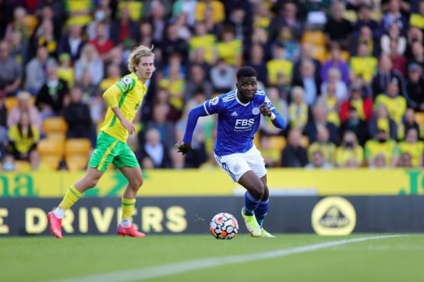 Kelechi Iheanacho of Leicester City during the Premier League match between Norwich City and Leicester City at Carrow Road on August 28, 2021 in...