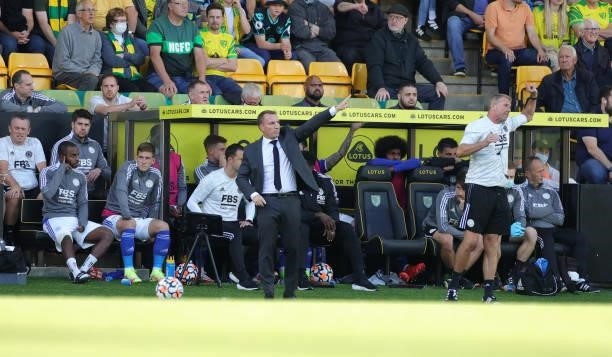 Leicester City Manager Brendan Rodgers during the Premier League match between Norwich City and Leicester City at Carrow Road on August 28, 2021 in...