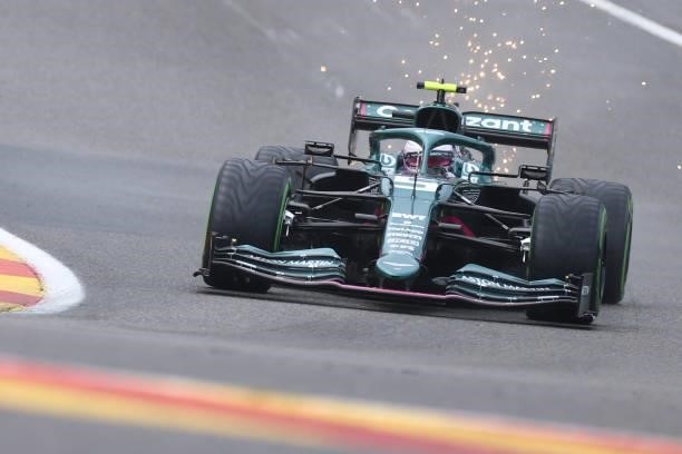 Aston Martin's German driver Sebastian Vettel competes in the qualifying session of the Formula One Belgian Grand Prix at the Spa-Francorchamps...