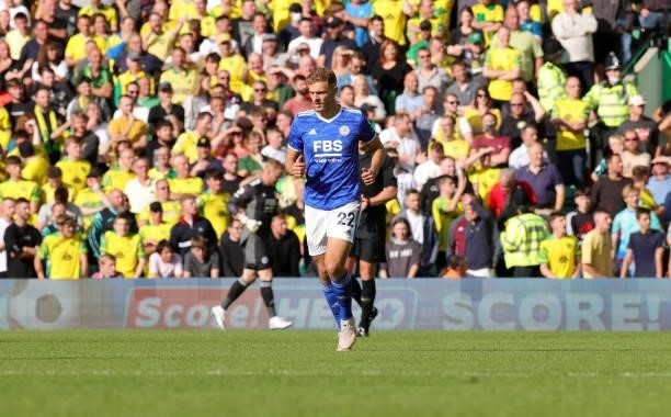 Kiernan Dewsbury-Hall of Leicester City during the Premier League match between Norwich City and Leicester City at Carrow Road on August 28, 2021 in...