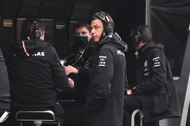 Mercedes AMG Petronas F1 Team's team principal Toto Wolff stands at the team control station after the qualifying session of the Formula One Belgian...