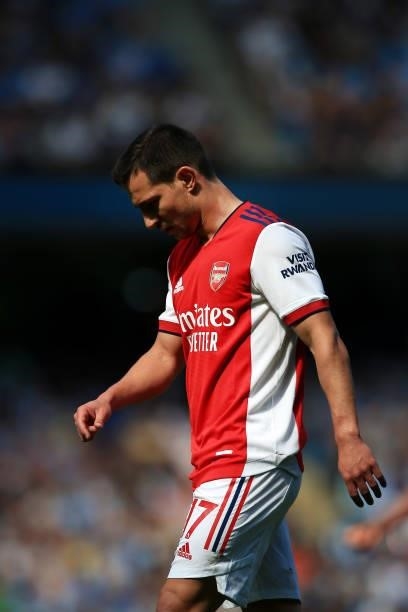Cedric Soares of Arsenal looks dejected during the Premier League match between Manchester City and Arsenal at Etihad Stadium on August 28, 2021 in...