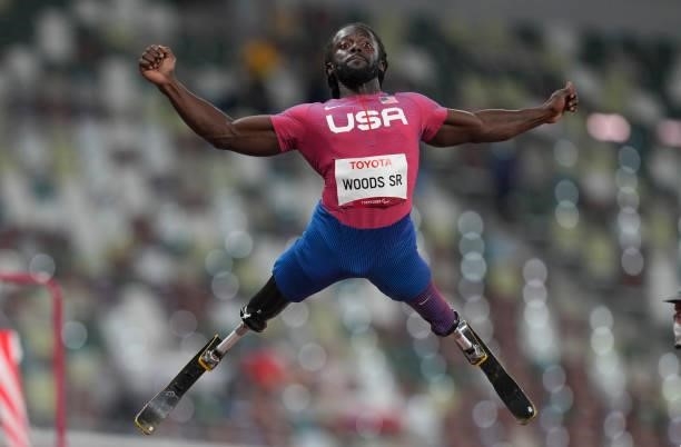 Regas Woods Sr from USA at longjump during athletics at the Tokyo Paralympics, Tokyo Olympic Stadium, Tokyo, Japan on August 28, 2021.