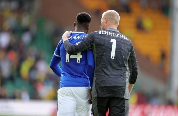 Kasper Schmeichel of Leicester City and Kelechi Iheanacho of Leicester City after the Premier League match between Norwich City and Leicester City at...