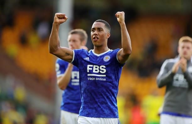 Youri Tielemans of Leicester City celebrates after the final whistle of the Premier League match between Norwich City and Leicester City at Carrow...