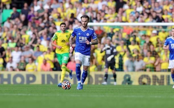 James Maddison of Leicester City during the Premier League match between Norwich City and Leicester City at Carrow Road on August 28, 2021 in...