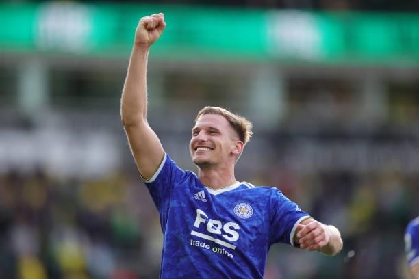 Marc Albrighton of Leicester City celebrates after the final whistle of the Premier League match between Norwich City and Leicester City at Carrow...