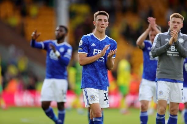 Luke Thomas of Leicester City celebrates after the final whistle of the Premier League match between Norwich City and Leicester City at Carrow Road...
