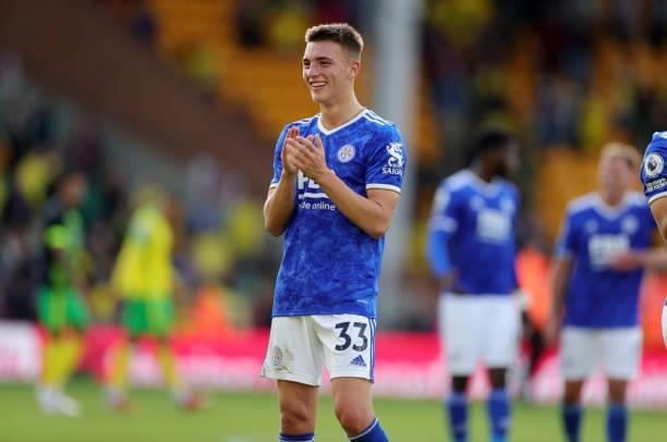 Luke Thomas of Leicester City celebrates after the final whistle of the Premier League match between Norwich City and Leicester City at Carrow Road...