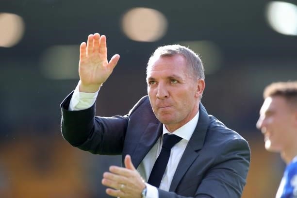 Leicester City Manager Brendan Rodgers acknowledges the travelling Leicester City fans after the final whistle of the Premier League match between...