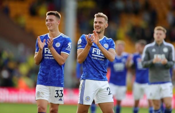 Luke Thomas of Leicester City and Kiernan Dewsbury-Hall of Leicester City celebrate after the final whistle of the Premier League match between...