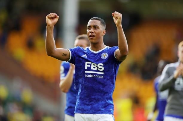 Youri Tielemans of Leicester City celebrates after the final whistle of the Premier League match between Norwich City and Leicester City at Carrow...